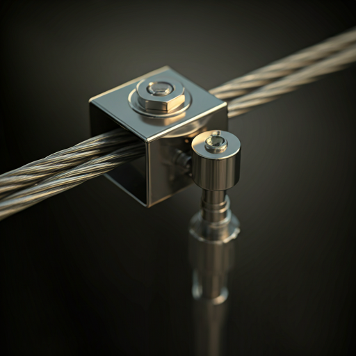 Close-up of the tensioner and polished SS316 stainless-steel cables on an invisible grill